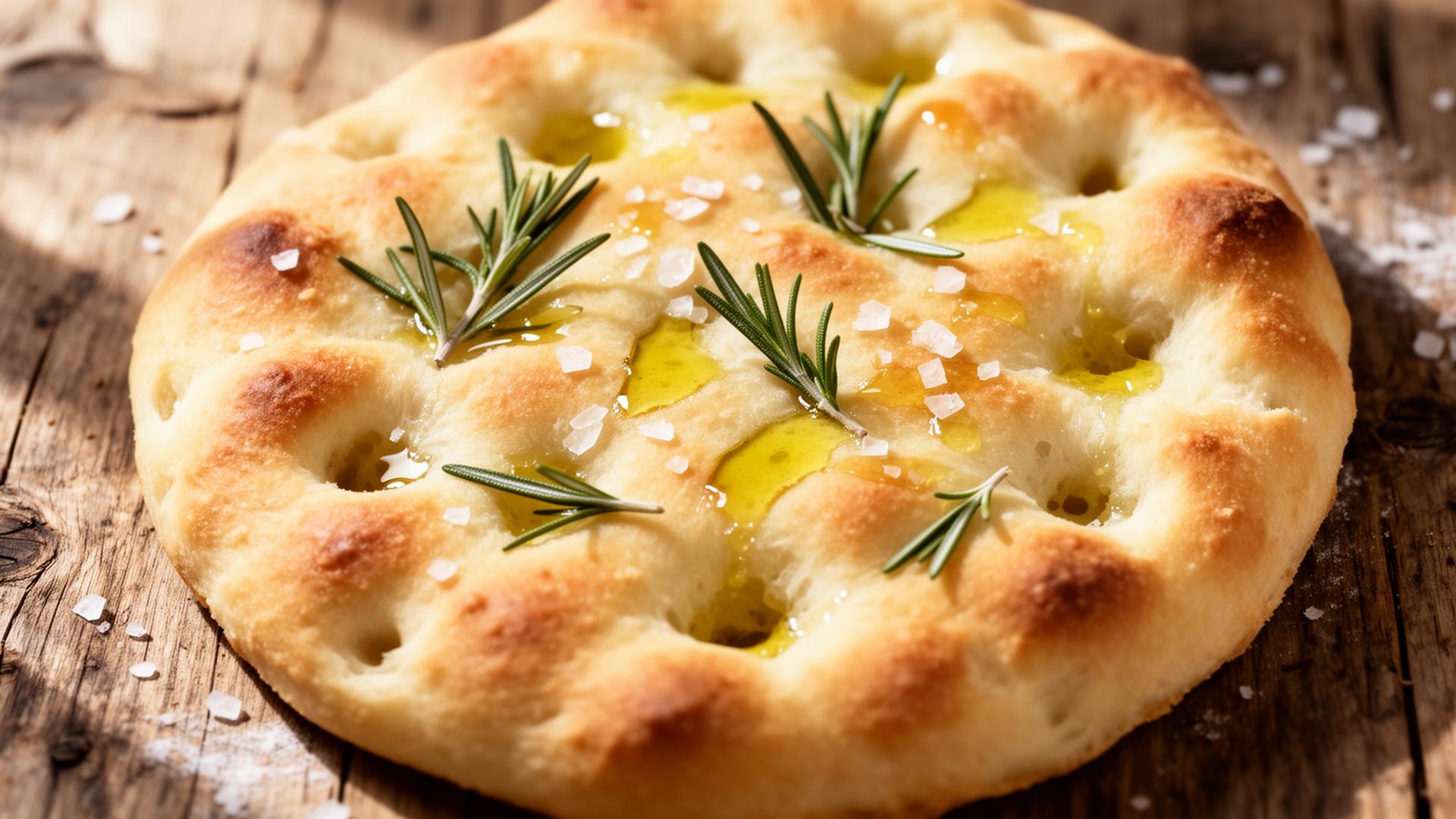 Focaccia proaspătă coaptă, cu rozmarin și ulei de măsline
